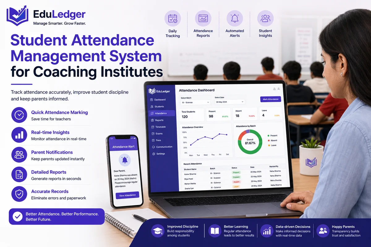 Teacher using a student attendance management dashboard in a coaching institute with attendance analytics on screen